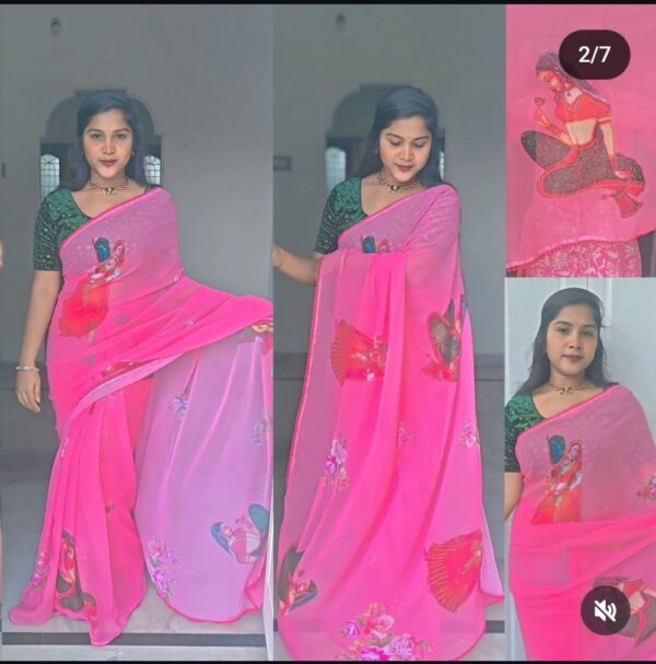 Marshmallow Blooming Georgette Saree with Multi-Colored Digital Print & Swarovski Work