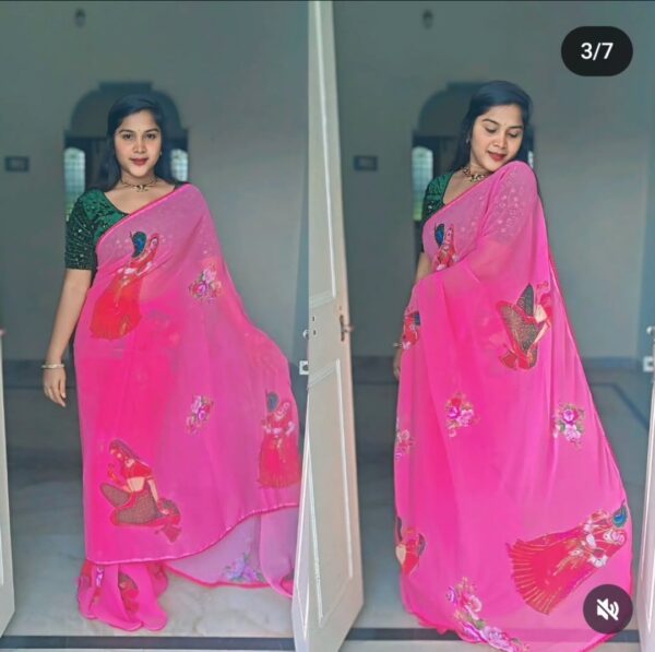 Marshmallow Blooming Georgette Saree with Multi-Colored Digital Print & Swarovski Work - Image 2