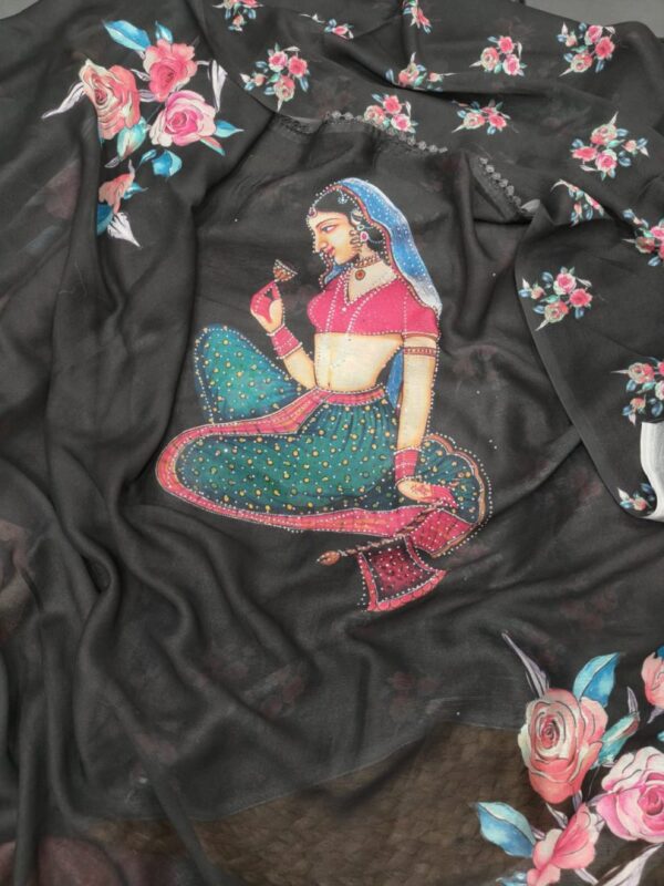 Marshmallow Blooming Georgette Saree with Multi-Colored Digital Print & Swarovski Work - Image 3