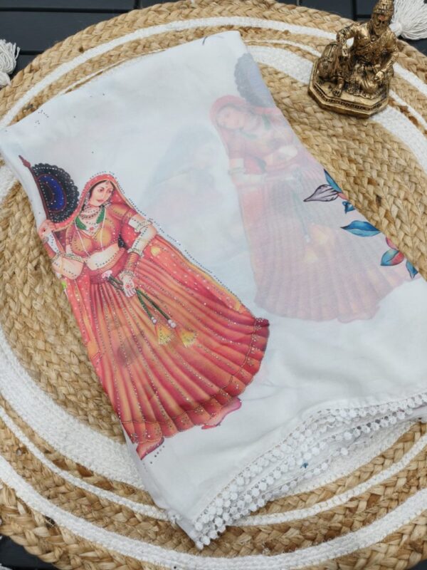 Marshmallow Blooming Georgette Saree with Multi-Colored Digital Print & Swarovski Work - Image 4