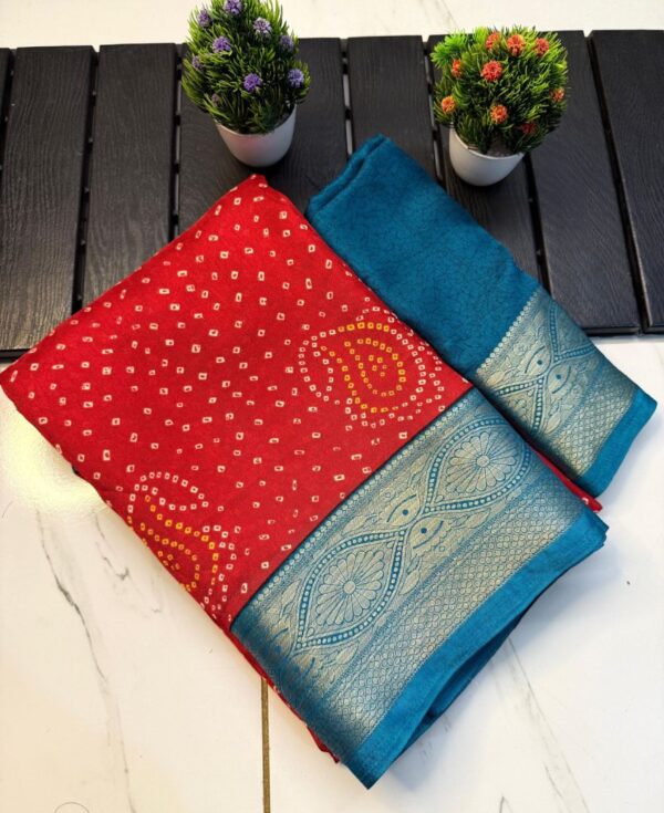Bandhej Soft Marshmallow Blooming Saree with Kalamkari Print & Jacquard Border - Image 2