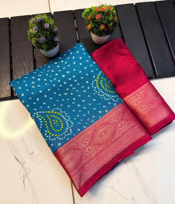 Bandhej Soft Marshmallow Blooming Saree with Kalamkari Print & Jacquard Border - Image 4