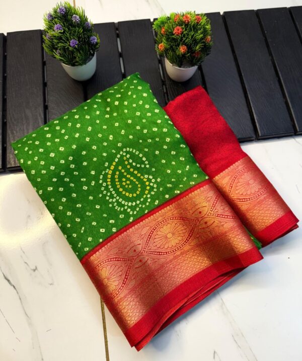 Bandhej Soft Marshmallow Blooming Saree with Kalamkari Print & Jacquard Border - Image 5