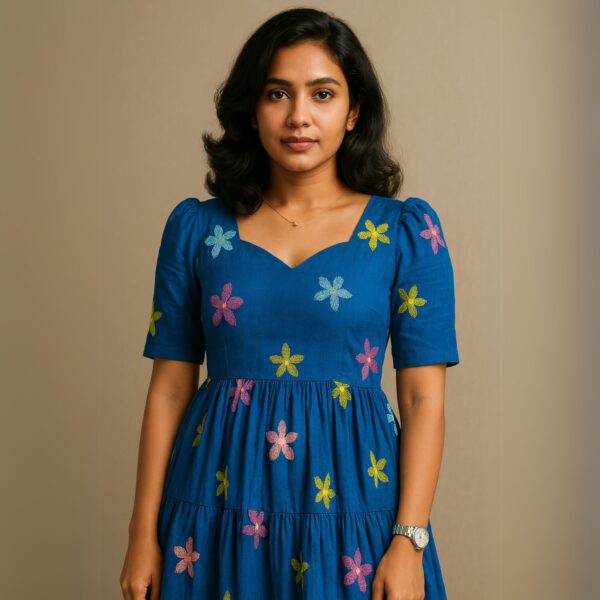 Royal Blue Embroidered Cotton Midi Kurti with Puff Sleeves