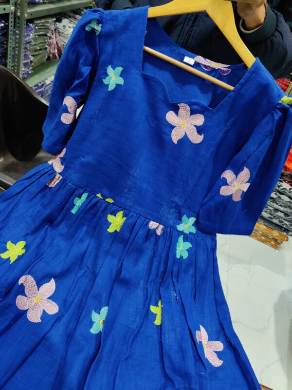 Royal Blue Embroidered Cotton Midi Kurti with Puff Sleeves - Image 2