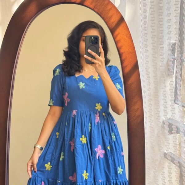 Royal Blue Embroidered Cotton Midi Kurti with Puff Sleeves - Image 4
