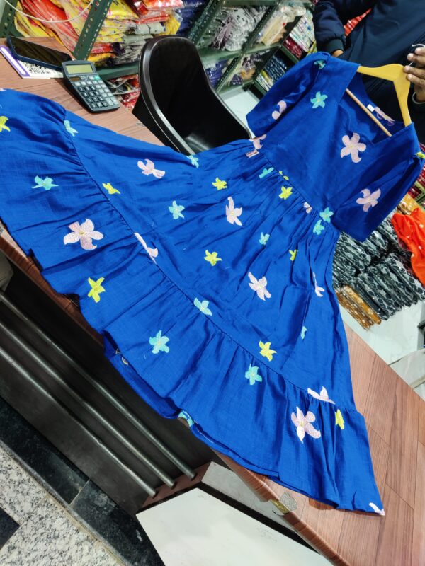 Royal Blue Embroidered Cotton Midi Kurti with Puff Sleeves - Image 5