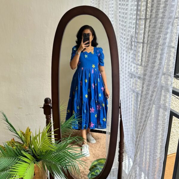 Royal Blue Embroidered Cotton Midi Kurti with Puff Sleeves - Image 6